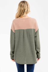 Olive Waffle Knit Colorblock Top