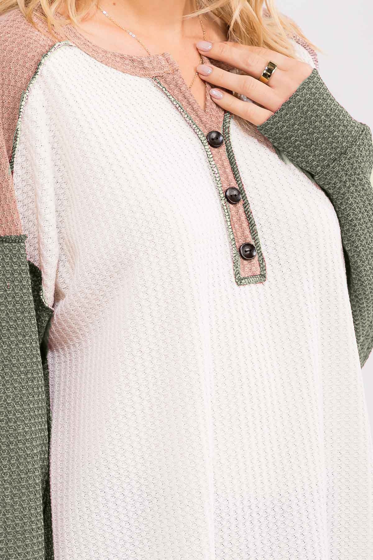 Olive Waffle Knit Colorblock Top