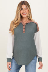 Olive Colorblock Relaxed Waffle Knit Maternity Henley
