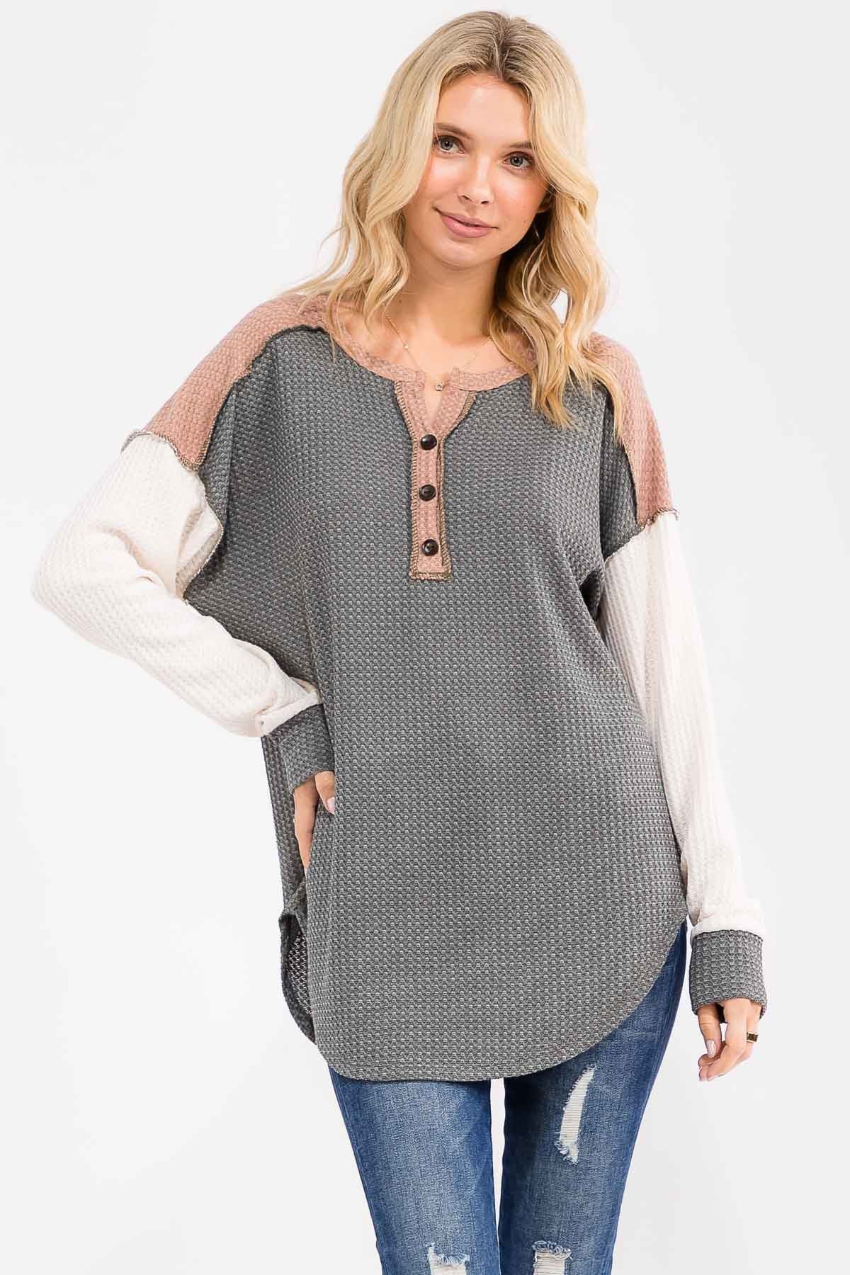 Olive Colorblock Relaxed Waffle Knit Henley