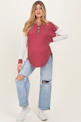 Burgundy Colorblock Relaxed Waffle Knit Maternity Henley