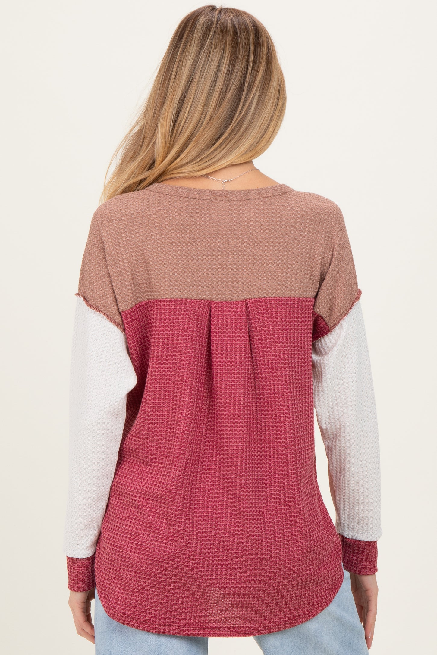 Burgundy Colorblock Relaxed Waffle Knit Maternity Henley