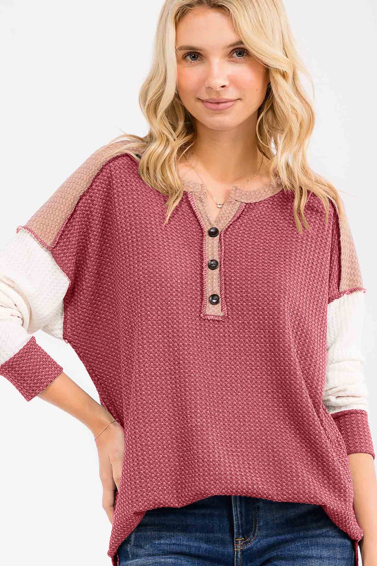 Burgundy Colorblock Relaxed Waffle Knit Henley