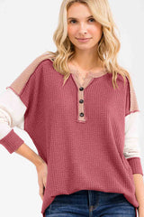Burgundy Colorblock Relaxed Waffle Knit Henley