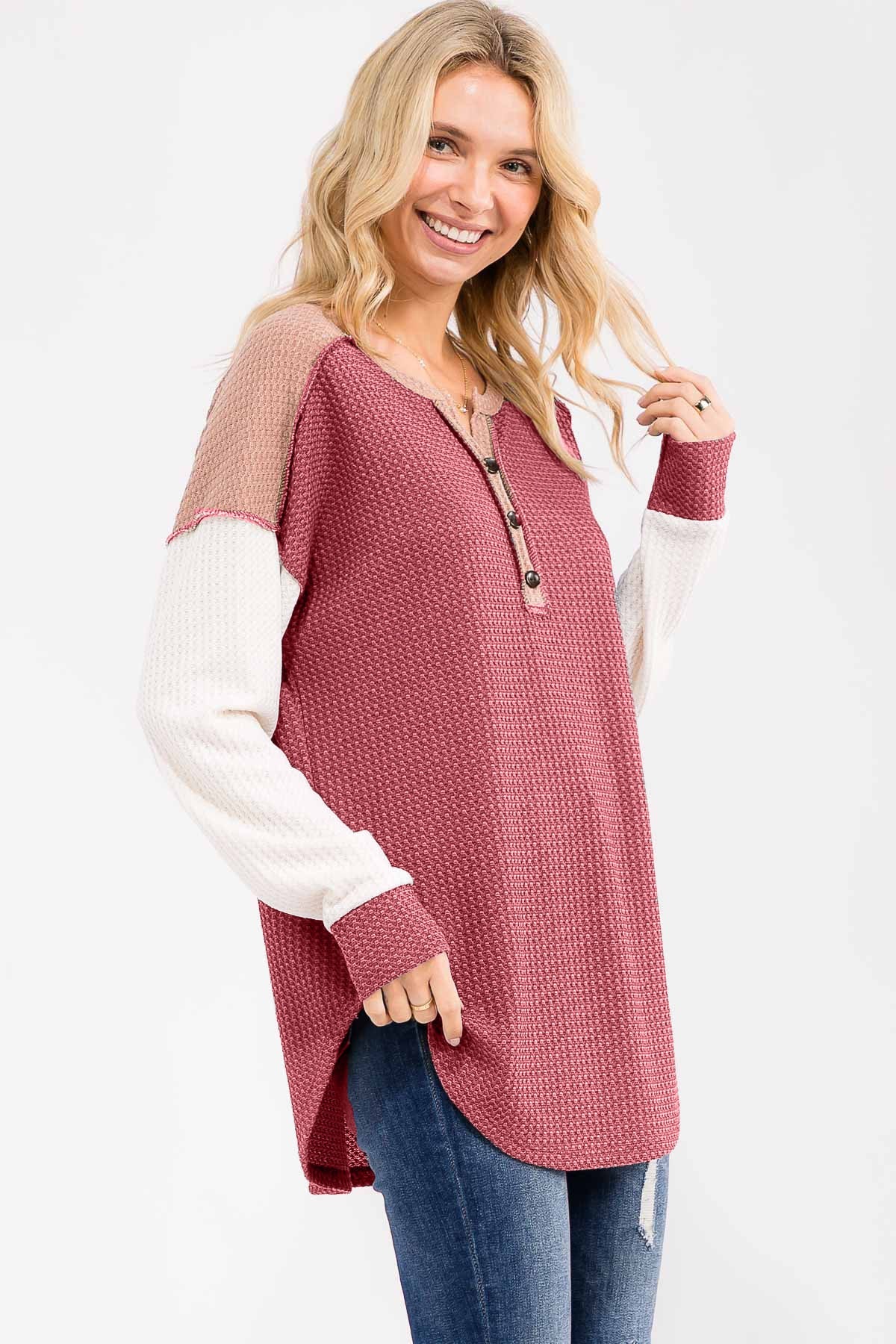 Burgundy Colorblock Relaxed Waffle Knit Henley