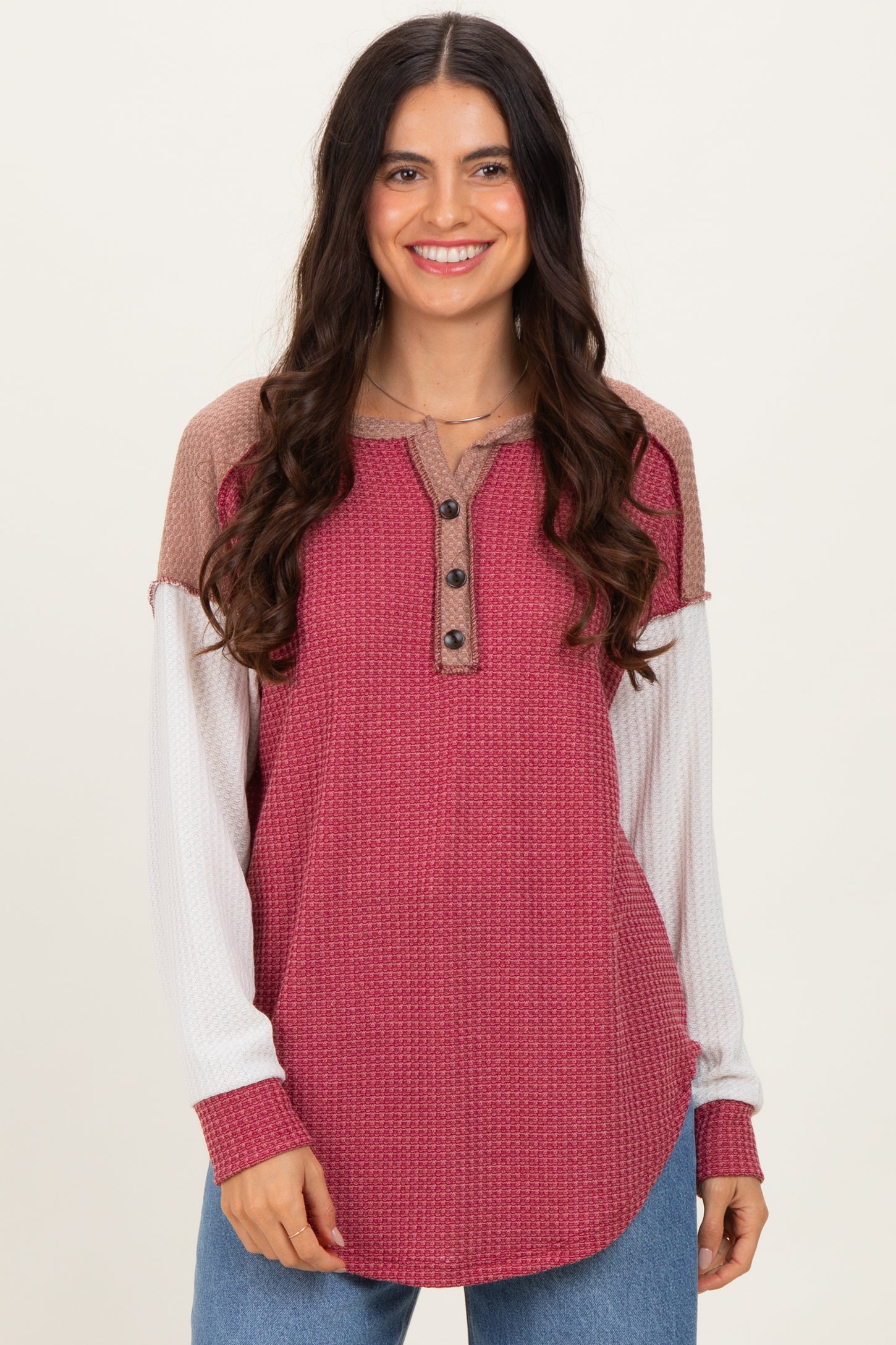 Burgundy Colorblock Relaxed Waffle Knit Henley