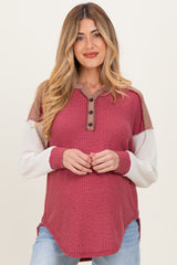 Burgundy Colorblock Relaxed Waffle Knit Maternity Henley