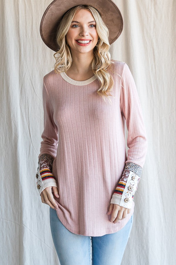 Light Pink Colorblock Print Detail Long Sleeve Top
