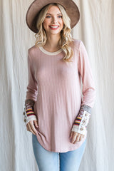 Light Pink Colorblock Print Detail Long Sleeve Maternity Top