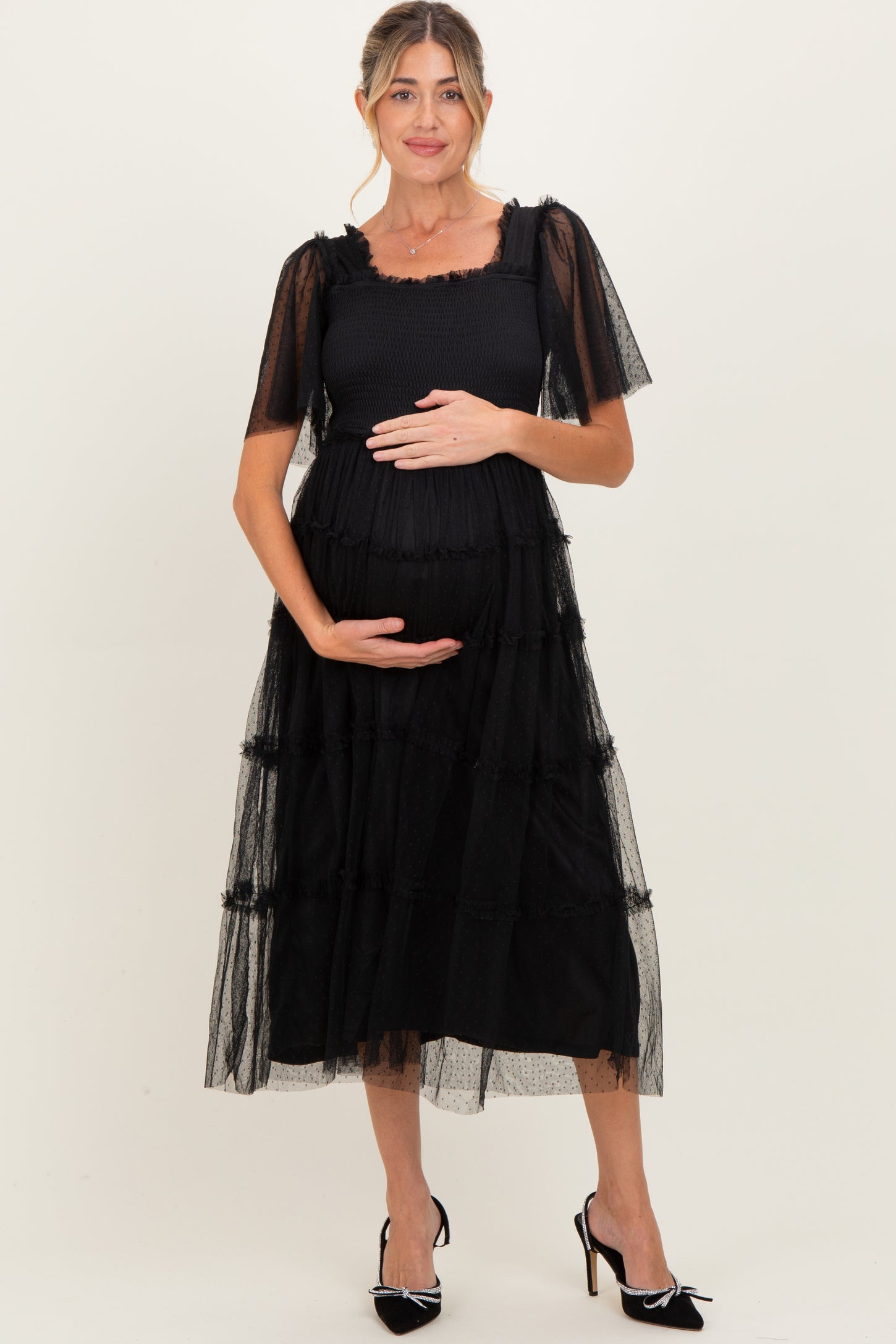 knee length dresses for ladies Black Ruffled Mesh Maternity Maxi Dress – PinkBlush