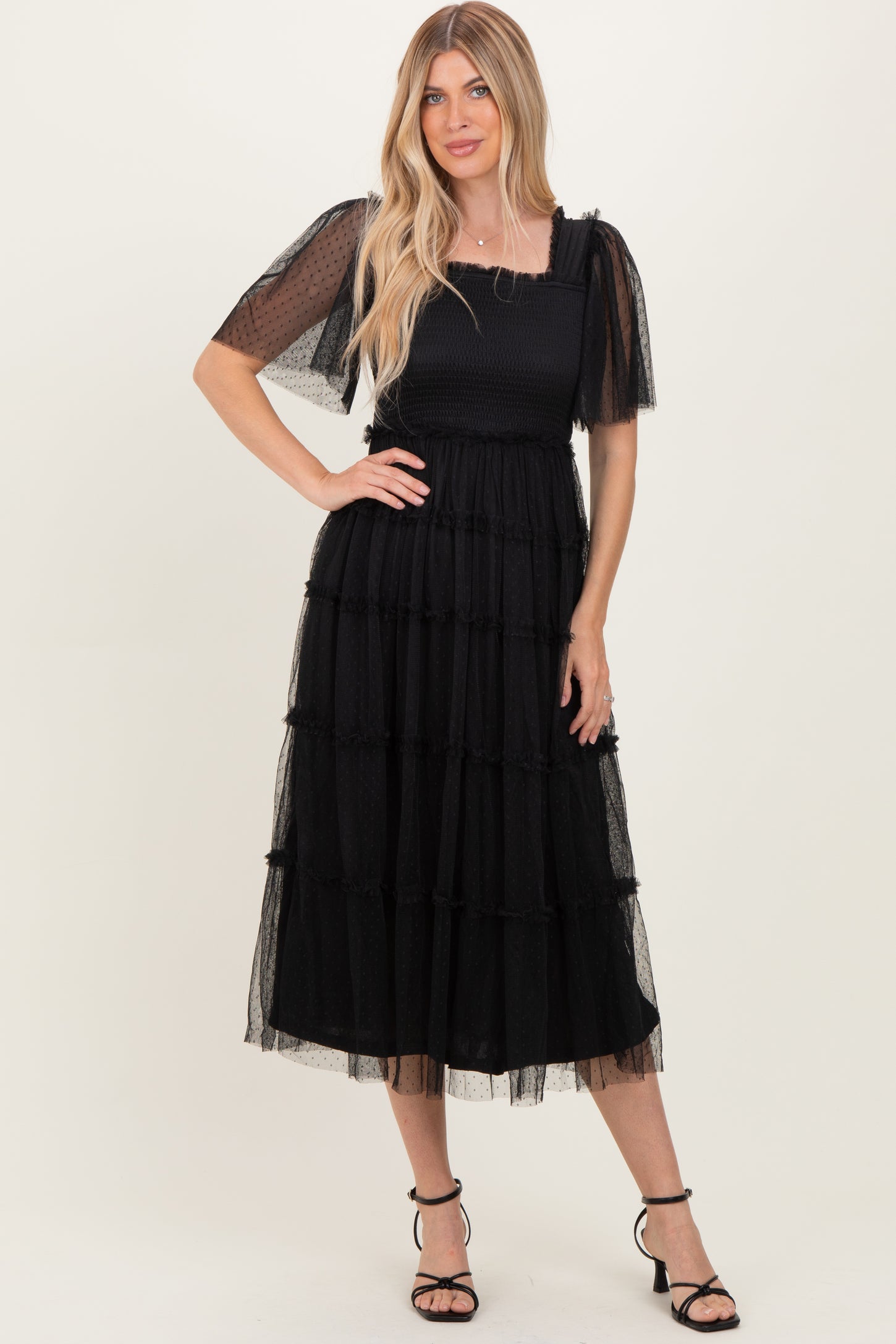black ruffle mesh dress Sander | Black Mesh Long-Sleeve Ruffle-Hem Midi Dress