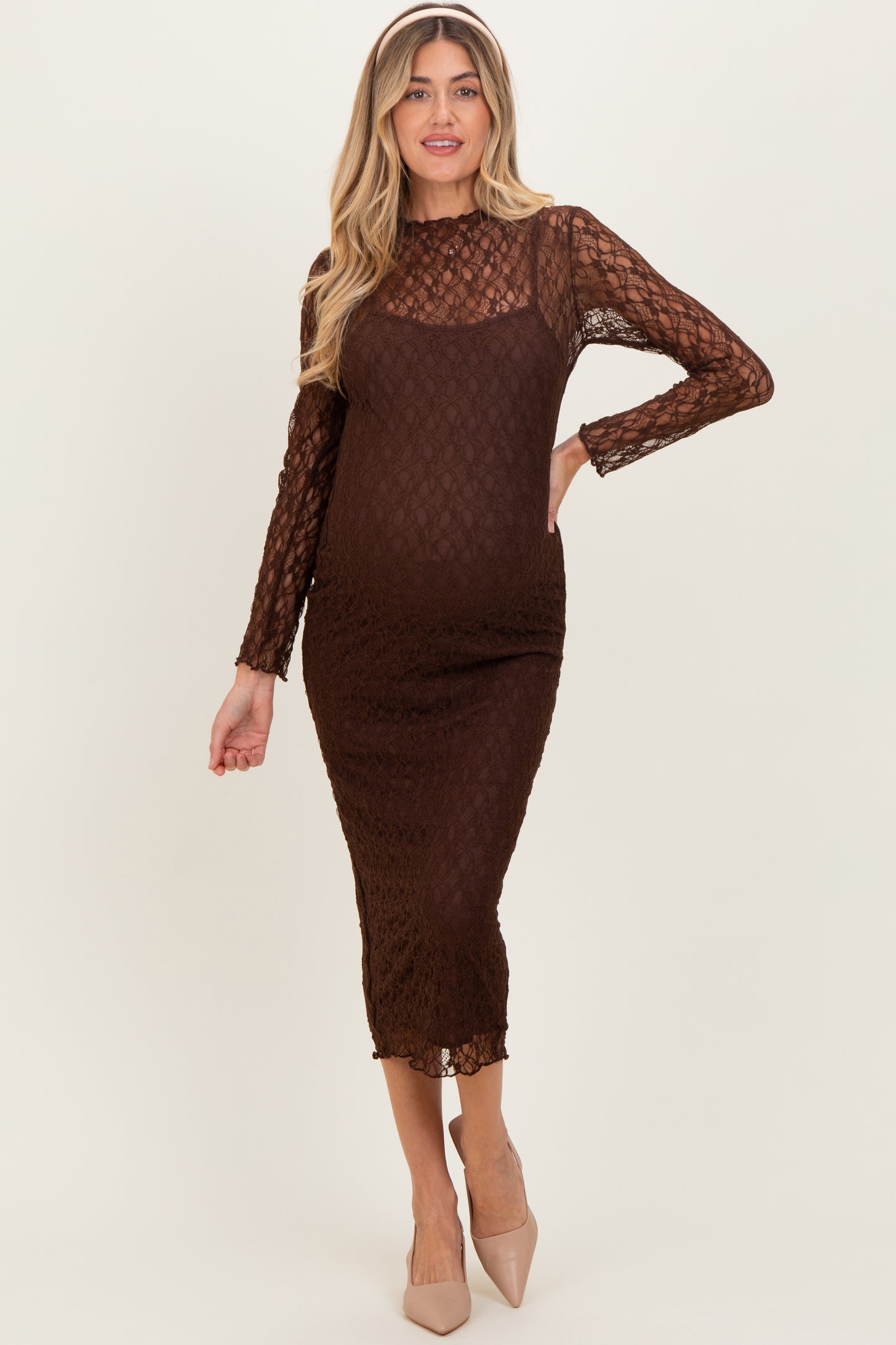 Brown Lace Overlay Fitted Maternity Midi Dress Brown Lace Overlay Fitted Maternity Midi Dress
