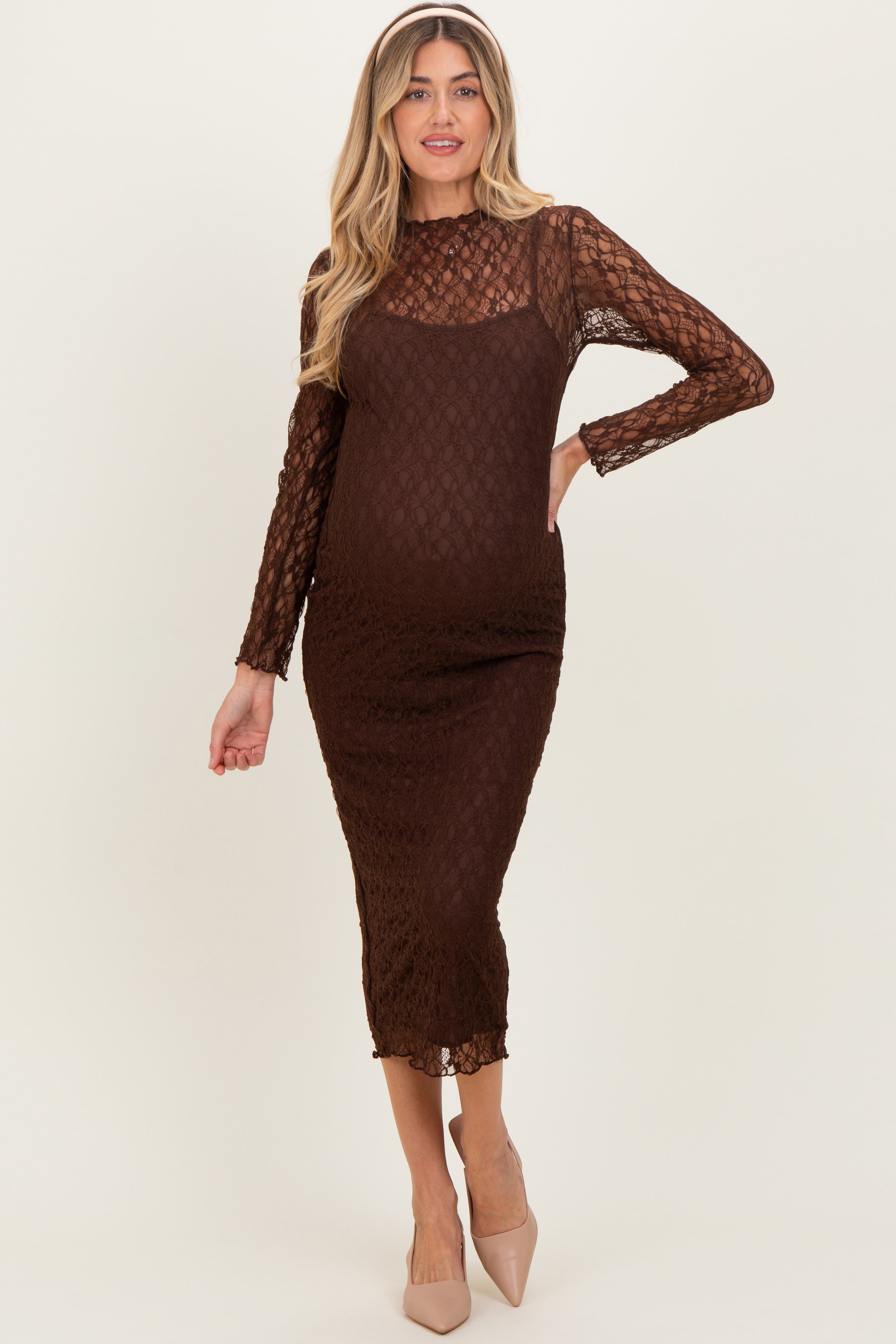 Brown Lace Overlay Fitted Maternity Midi Dress Brown Lace Overlay Fitted Maternity Midi Dress