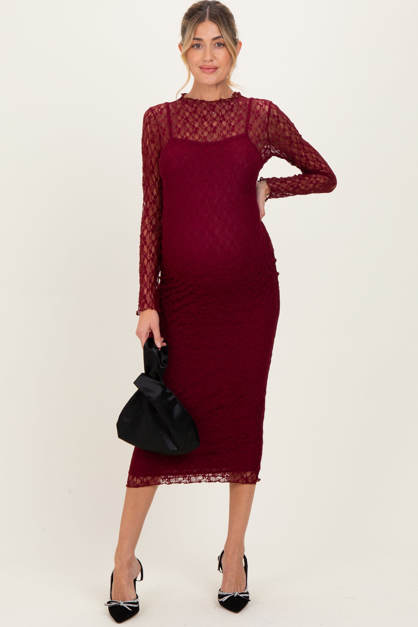 Burgundy Lace Overlay Fitted Maternity Midi Dress
