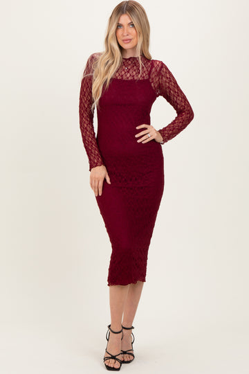 Burgundy Lace Overlay Fitted Midi Dress