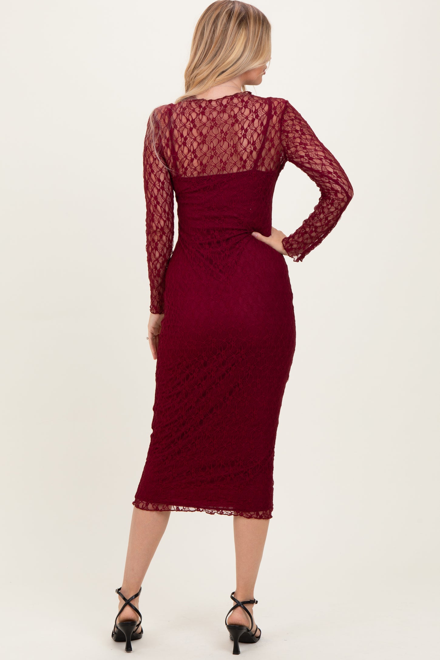 Burgundy Lace Overlay Fitted Midi Dress