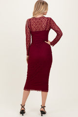 Burgundy Lace Overlay Fitted Midi Dress