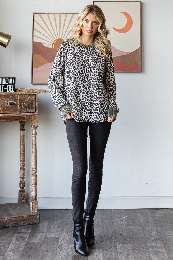 Beige Ribbed Animal Print Contrast Trim Pullover