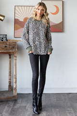 Beige Ribbed Animal Print Contrast Trim Pullover