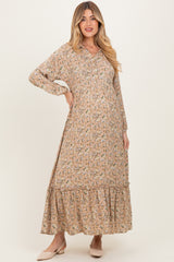 Mustard Floral Long Sleeve Button Down Collared Maternity Maxi Dress