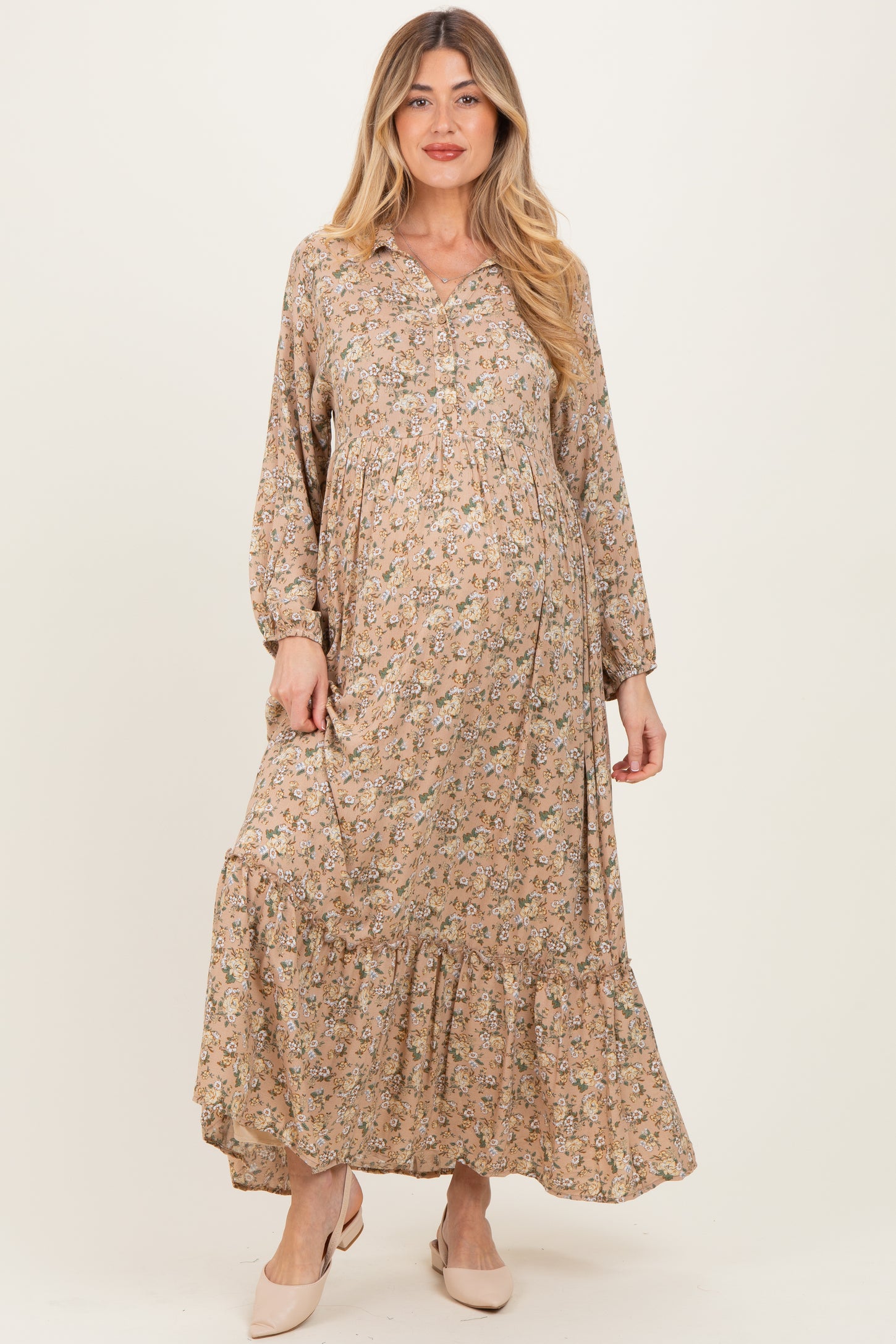 Mustard Floral Long Sleeve Button Down Collared Maternity Maxi Dress