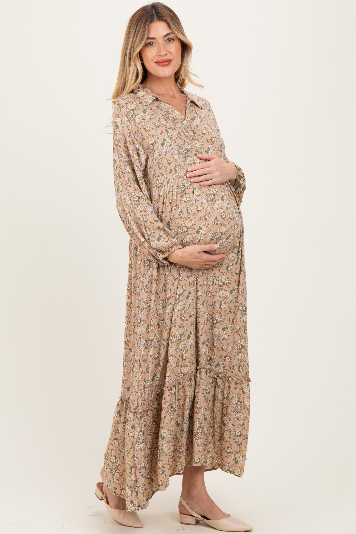 Mustard Floral Long Sleeve Button Down Collared Maternity Maxi Dress