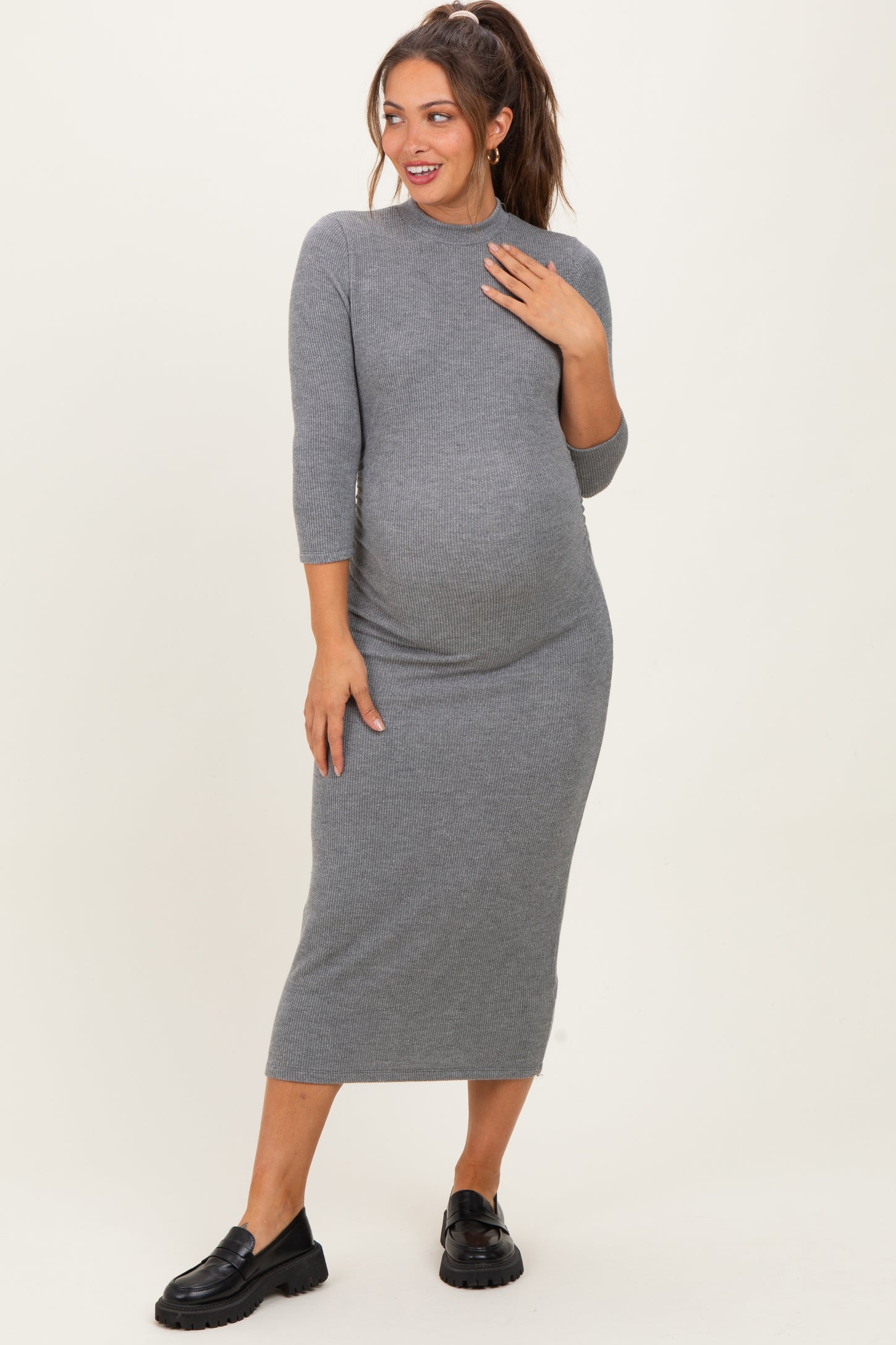 Charcoal Ribbed Knit Mock Neck Long Sleeve Ruched Maternity Dress   PinkBlush