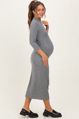 Charcoal Ribbed Knit Mock Neck Long Sleeve Ruched Maternity Dress
