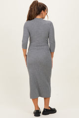Charcoal Ribbed Knit Mock Neck Long Sleeve Ruched Maternity Dress