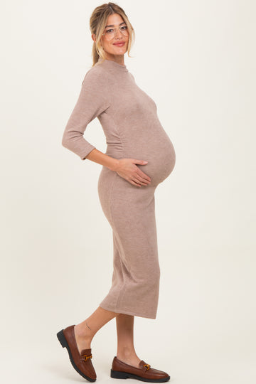 Taupe Ribbed Knit Mock Neck Long Sleeve Ruched Maternity Dress
