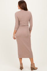 Taupe Ribbed Knit Mock Neck Long Sleeve Ruched Dress