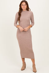 Taupe Ribbed Knit Mock Neck Long Sleeve Ruched Maternity Dress