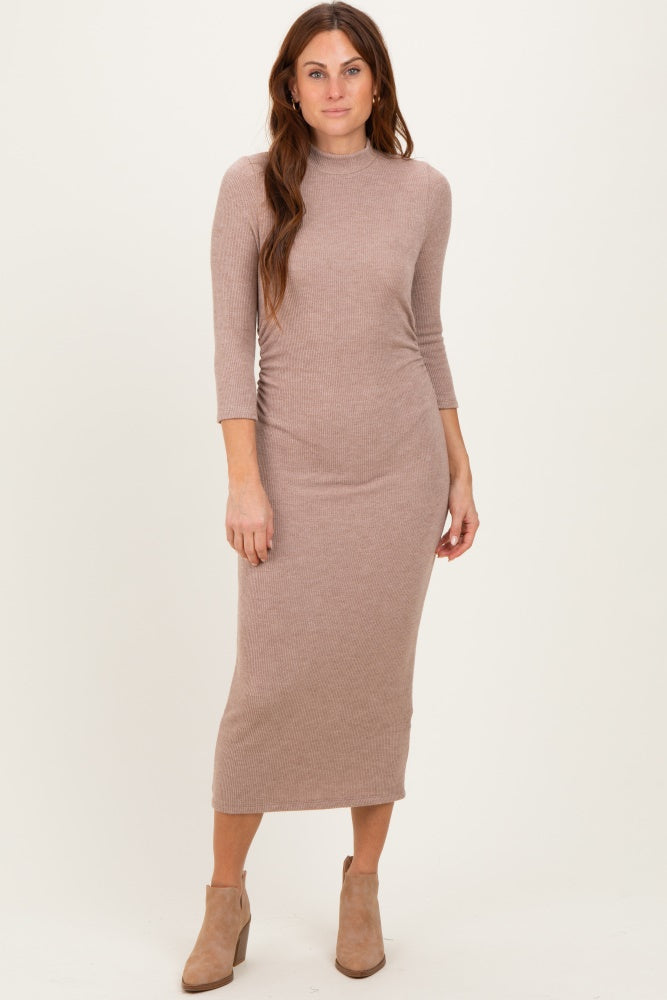 Taupe Ribbed Knit Mock Neck Long Sleeve Ruched Dress
