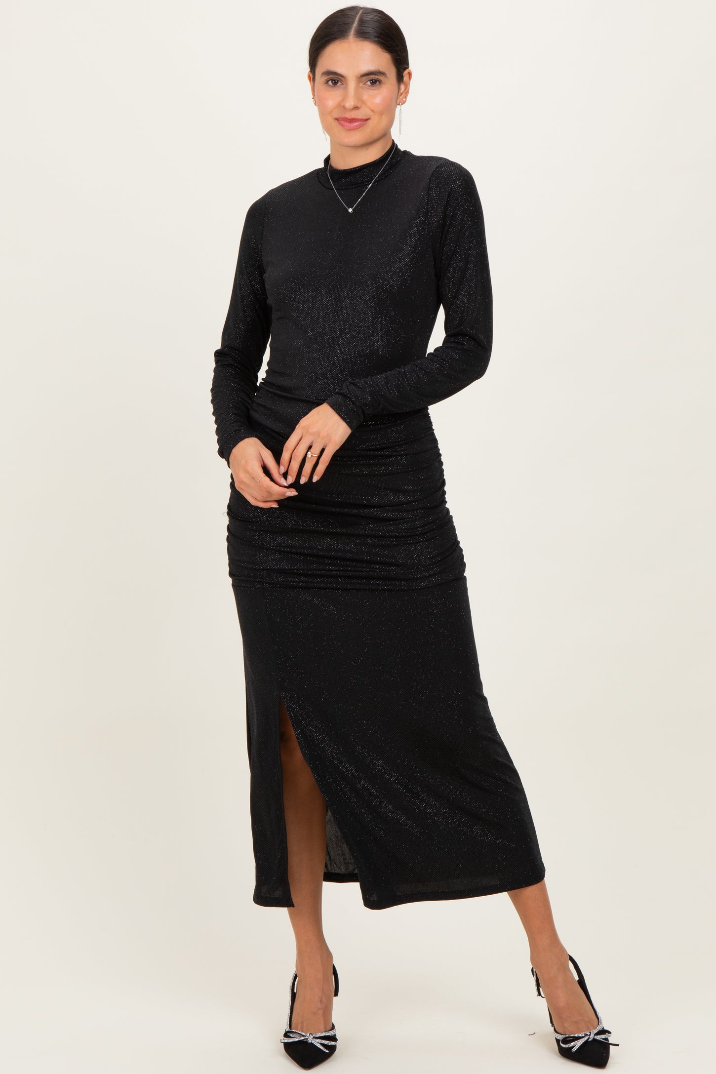 Black Sequin Long Sleeve Mock Neck Maxi Dress
