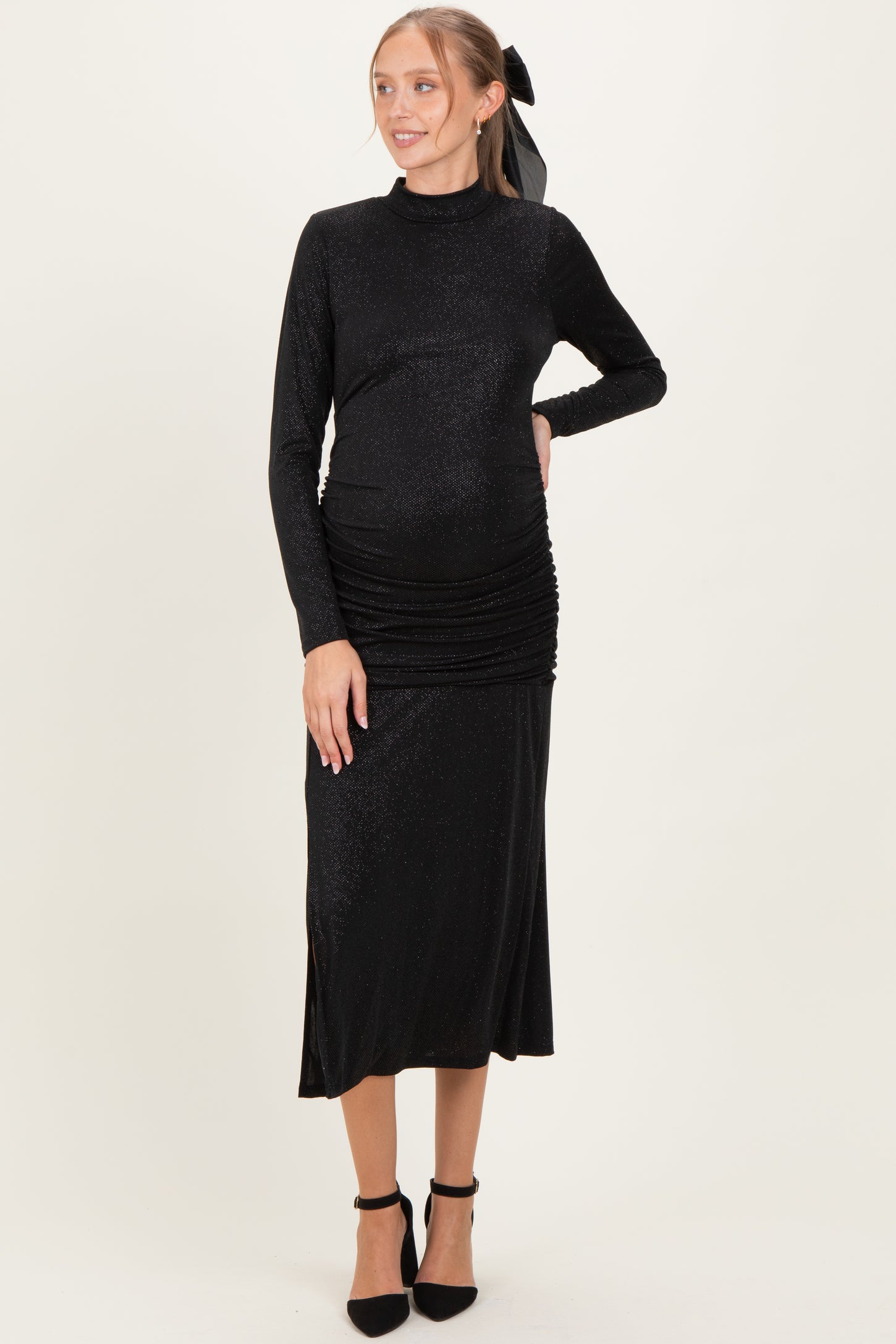 Black Sequin Long Sleeve Mock Neck Maternity Maxi Dress Black Sequin Long Sleeve Mock Neck Maternity Maxi Dress