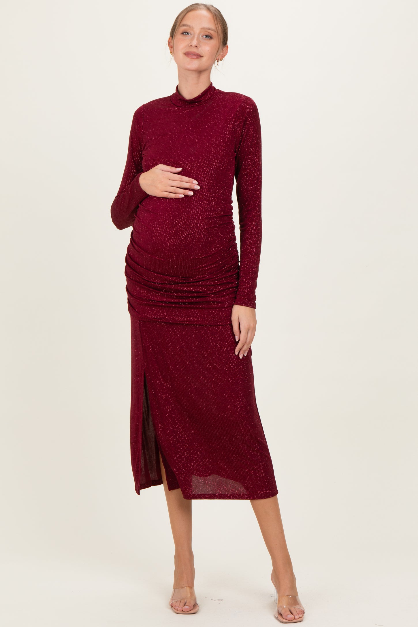 Burgundy Sequin Long Sleeve Mock Neck Maternity Maxi Dress PinkBlush Burgundy Sequin Long Sleeve Mock Neck Maternity Maxi Dress PinkBlush