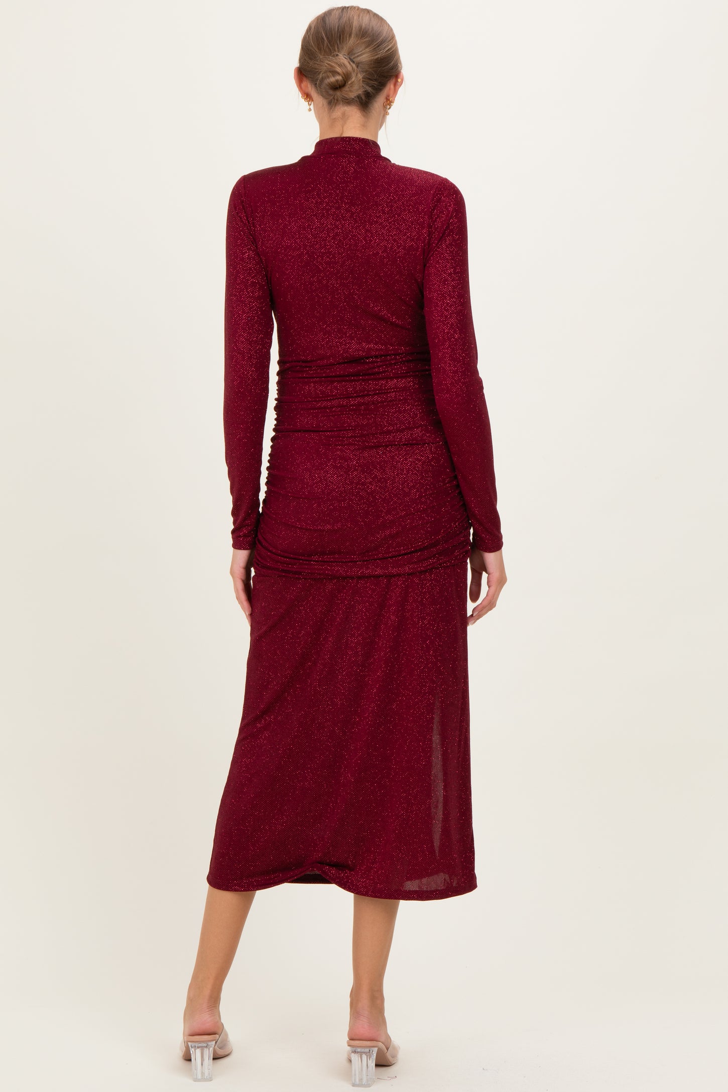 Burgundy Sequin Long Sleeve Mock Neck Maternity Maxi Dress