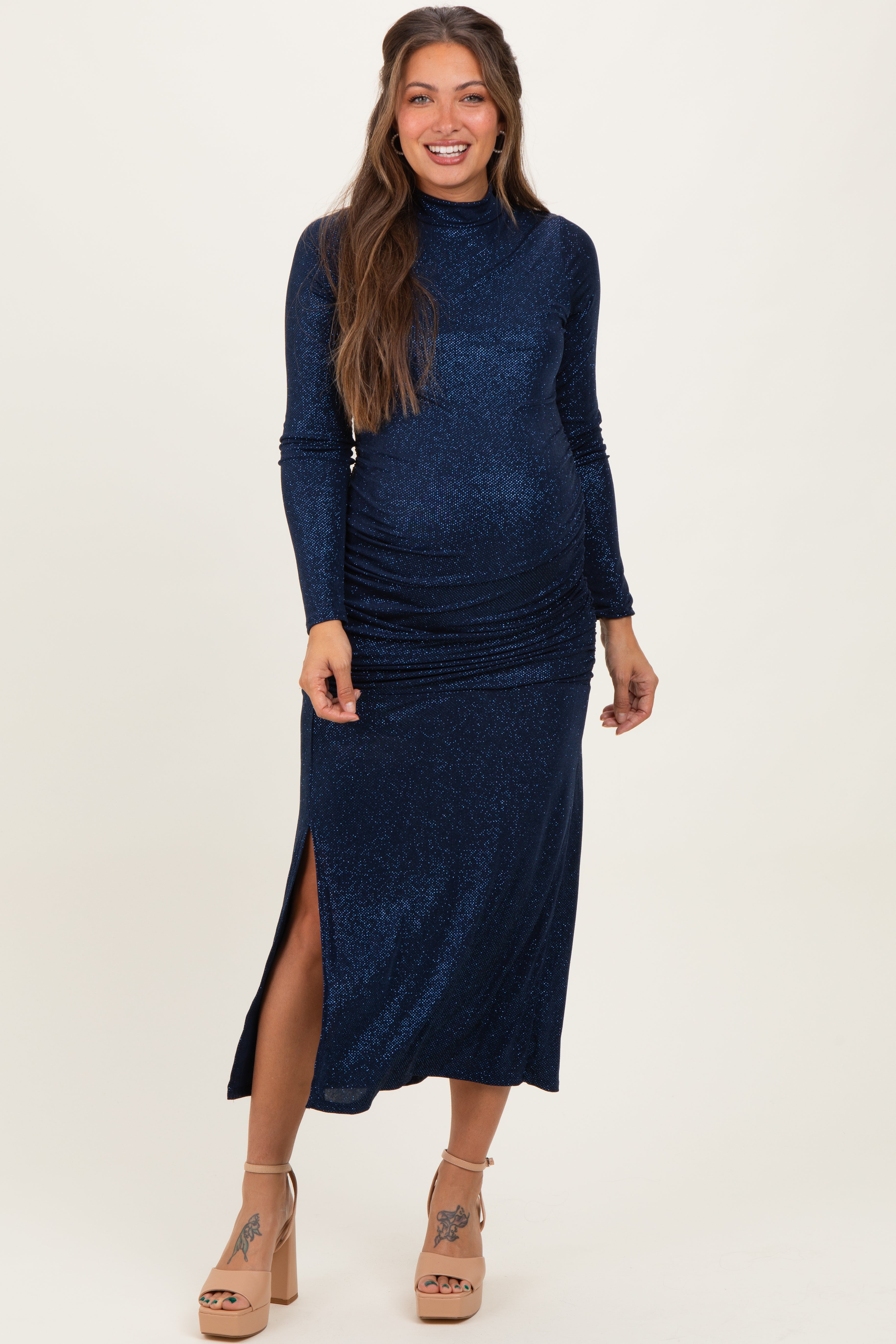 Navy Sequin Long Sleeve Mock Neck Maternity Maxi Dress PinkBlush Navy Sequin Long Sleeve Mock Neck Maternity Maxi Dress PinkBlush