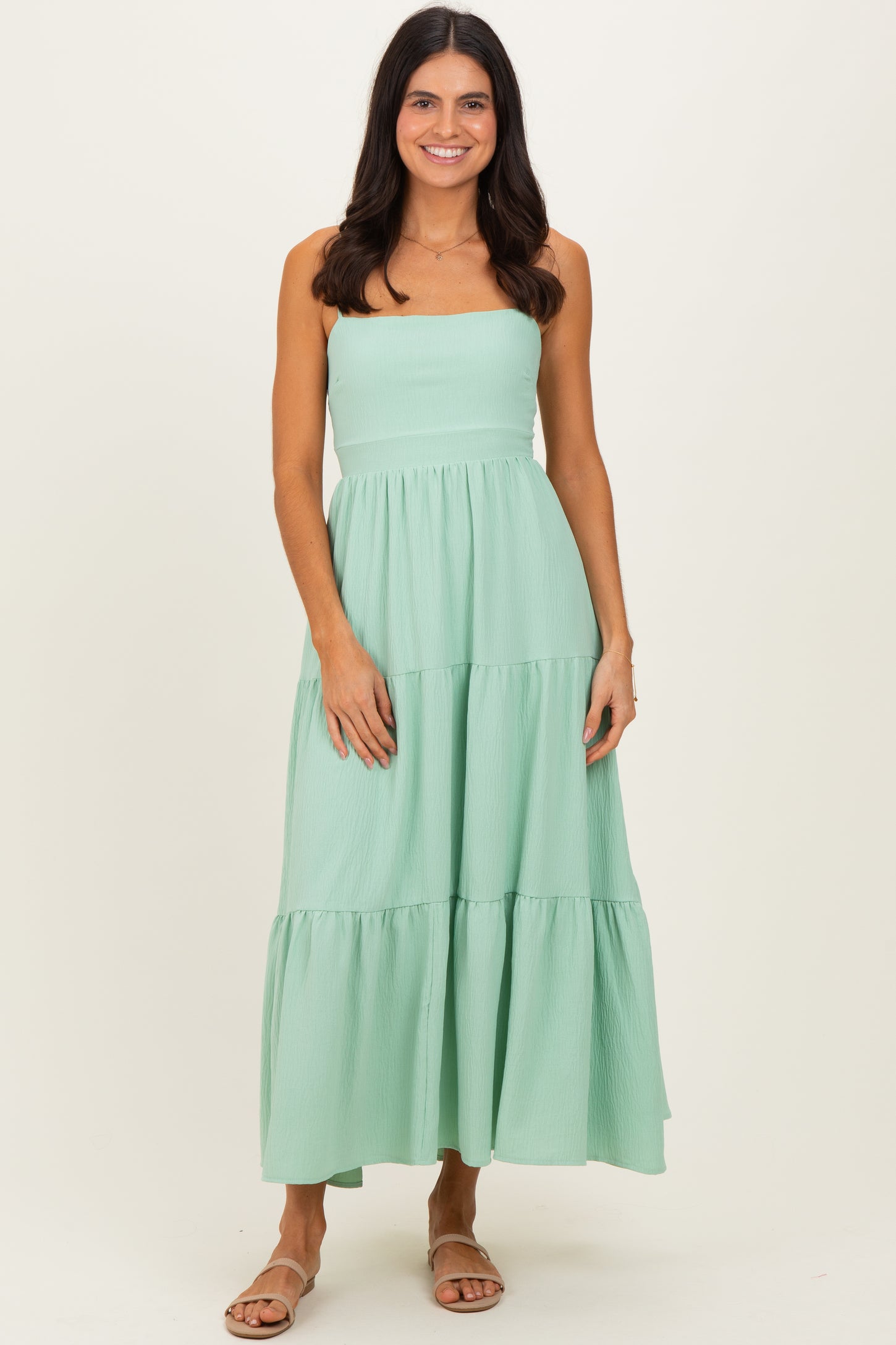 Sage Green Tiered Cutout Tie Back Midi Dress