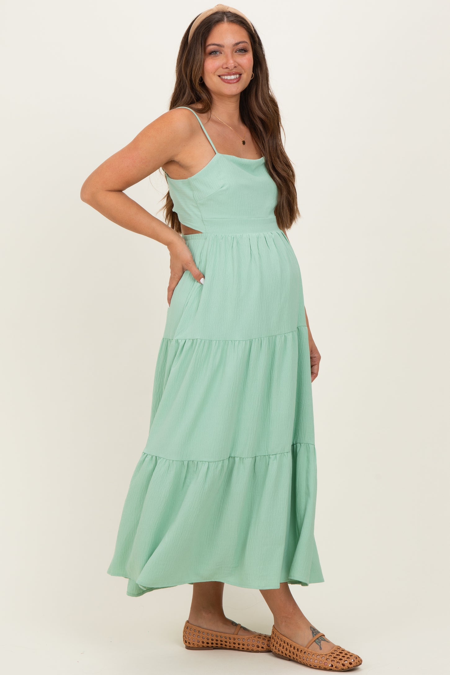 Sage Green Tiered Cutout Tie Back Maternity Midi Dress – PinkBlush