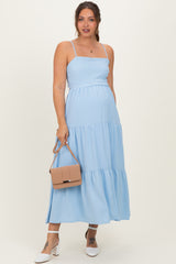 Light Blue Tiered Cutout Tie Back Maternity Midi Dress