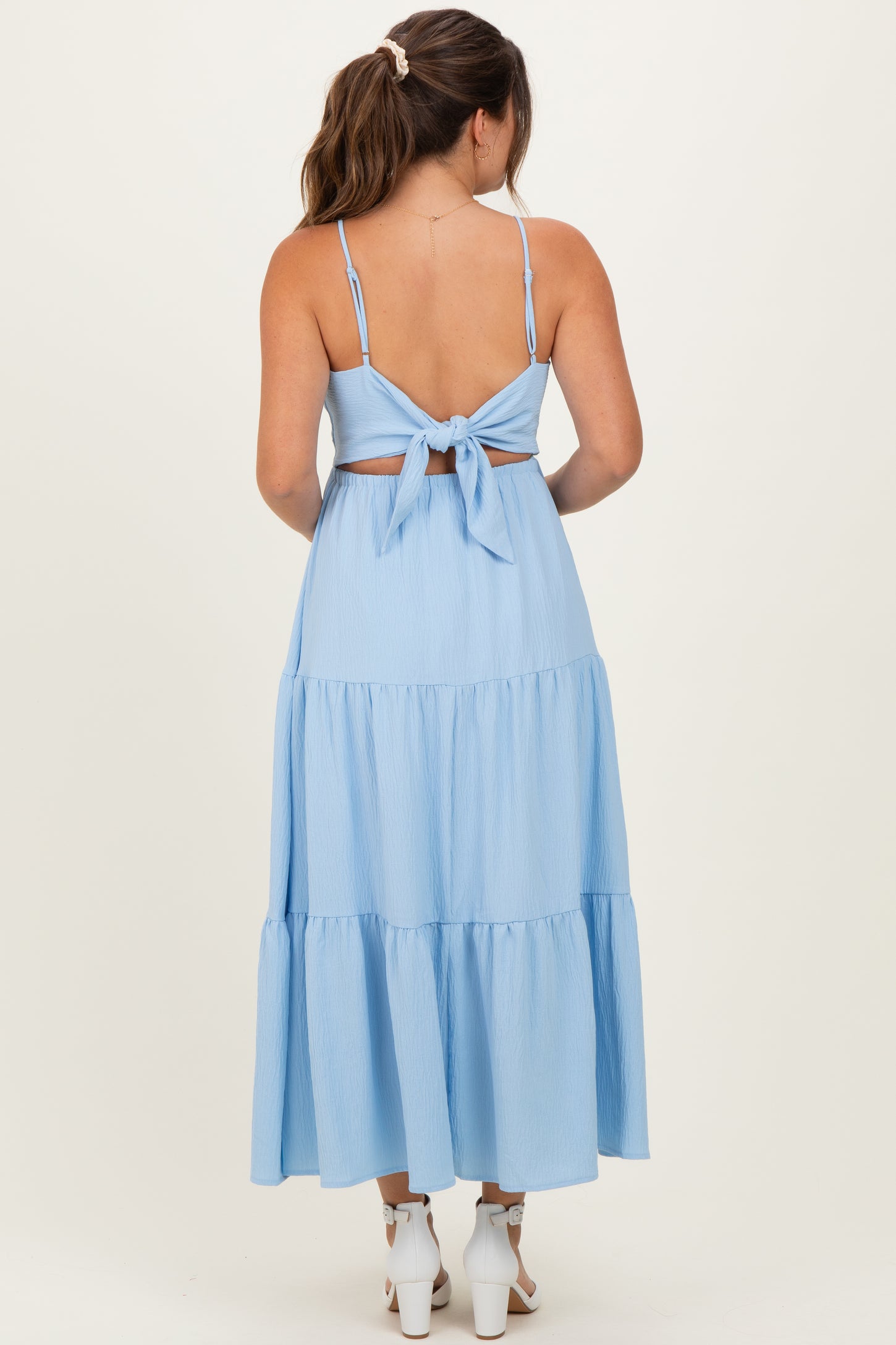 Light Blue Tiered Cutout Tie Back Maternity Midi Dress