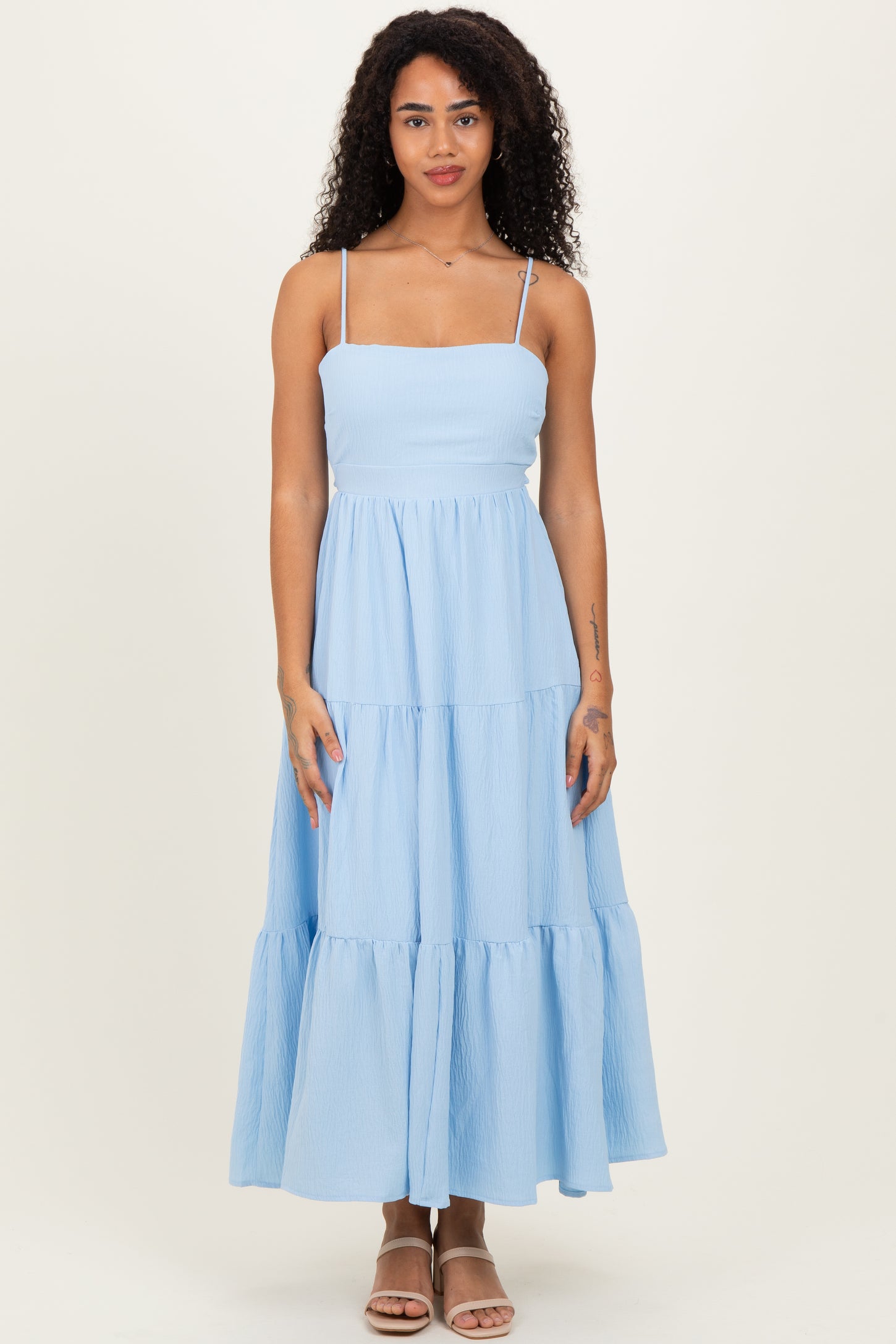 Light Blue Tiered Cutout Tie Back Maternity Midi Dress