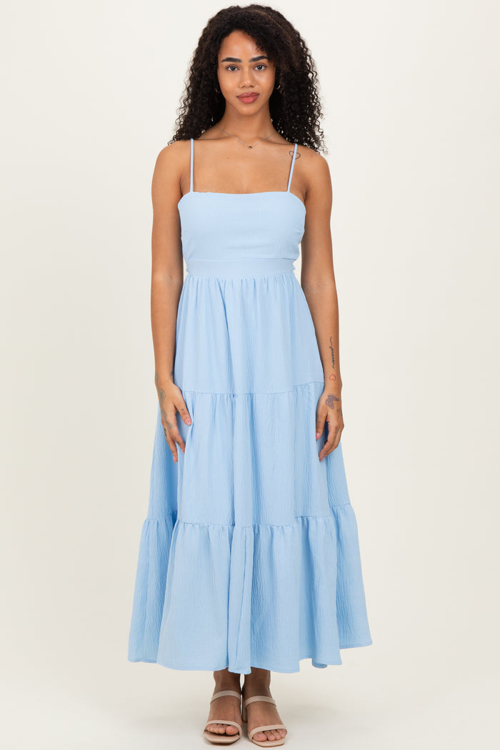 Light Blue Tiered Cutout Tie Back Maternity Midi Dress