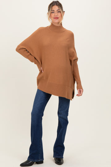 Camel Mock Neck Oversized Sir Slit Maternity Sweater Top