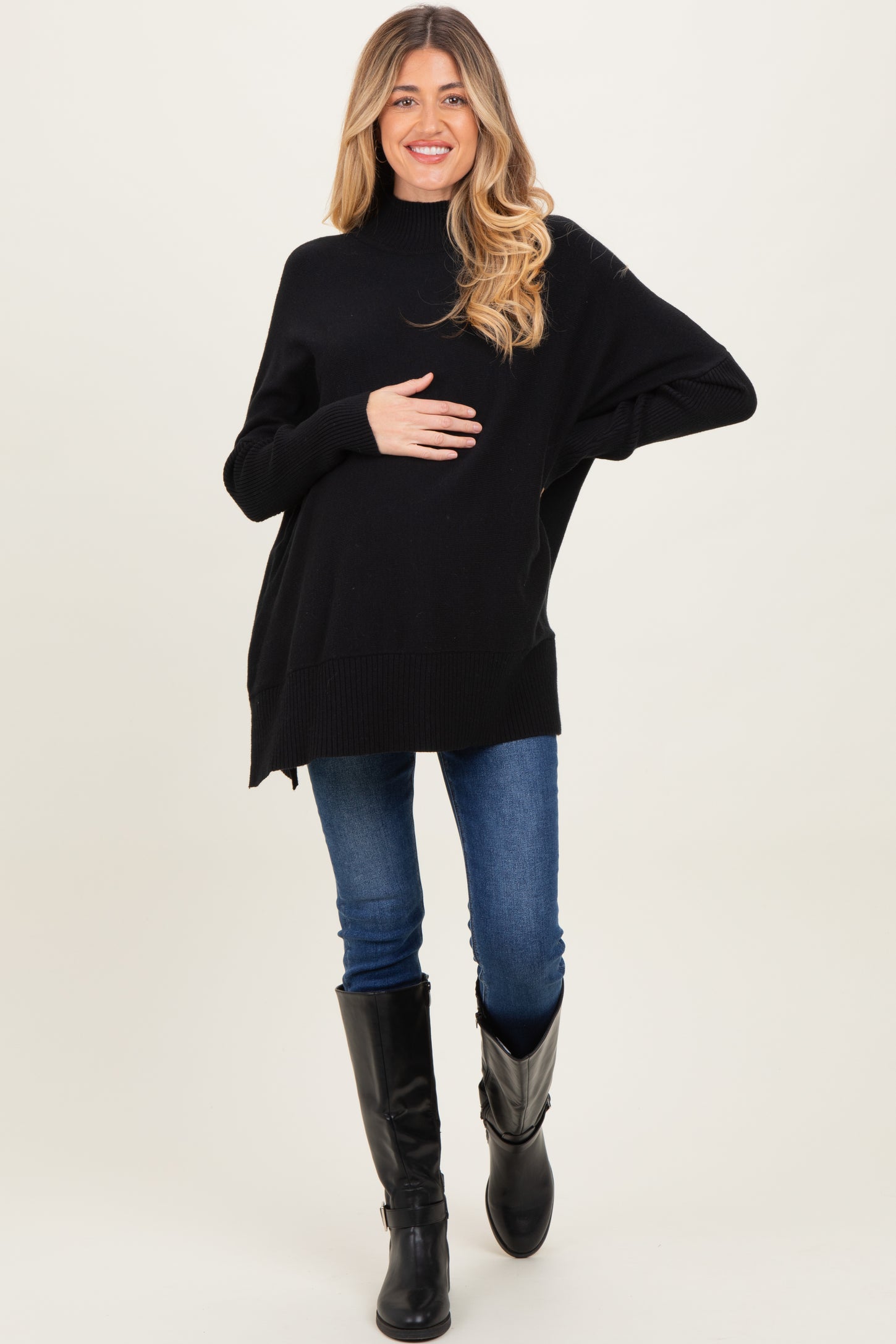 Black Mock Neck Oversized Sir Slit Maternity Sweater Top