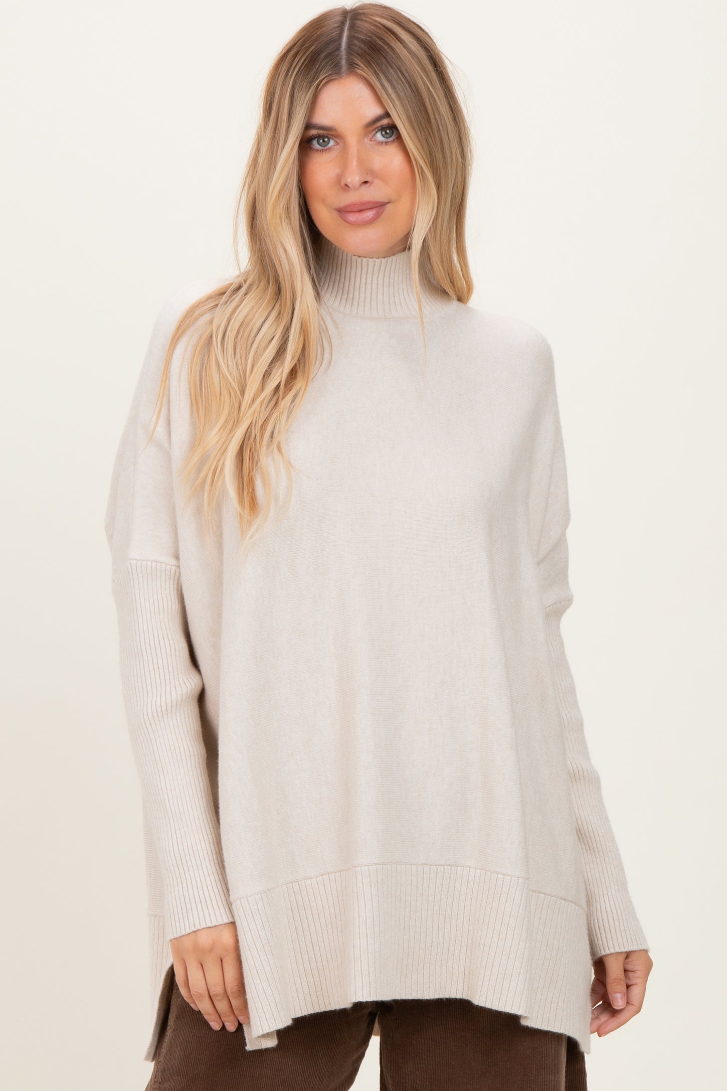 Cream Mock Neck Oversized Sir Slit Sweater Top