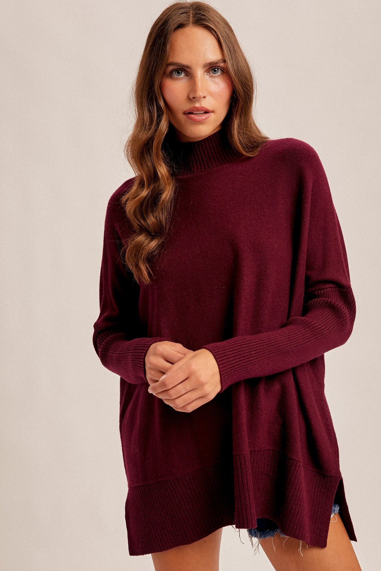 Burgundy Mock Neck Oversized Sir Slit Sweater Top