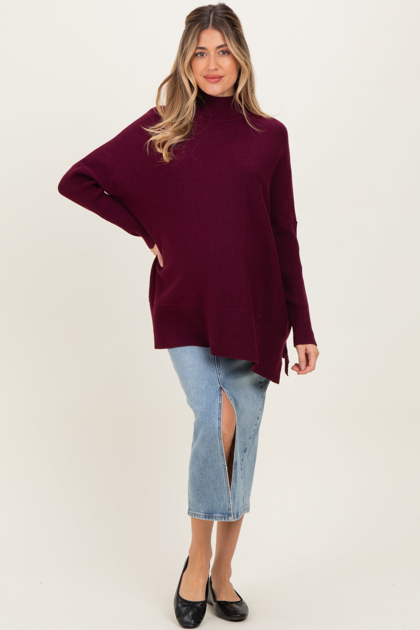 Burgundy Mock Neck Oversized Sir Slit Maternity Sweater Top