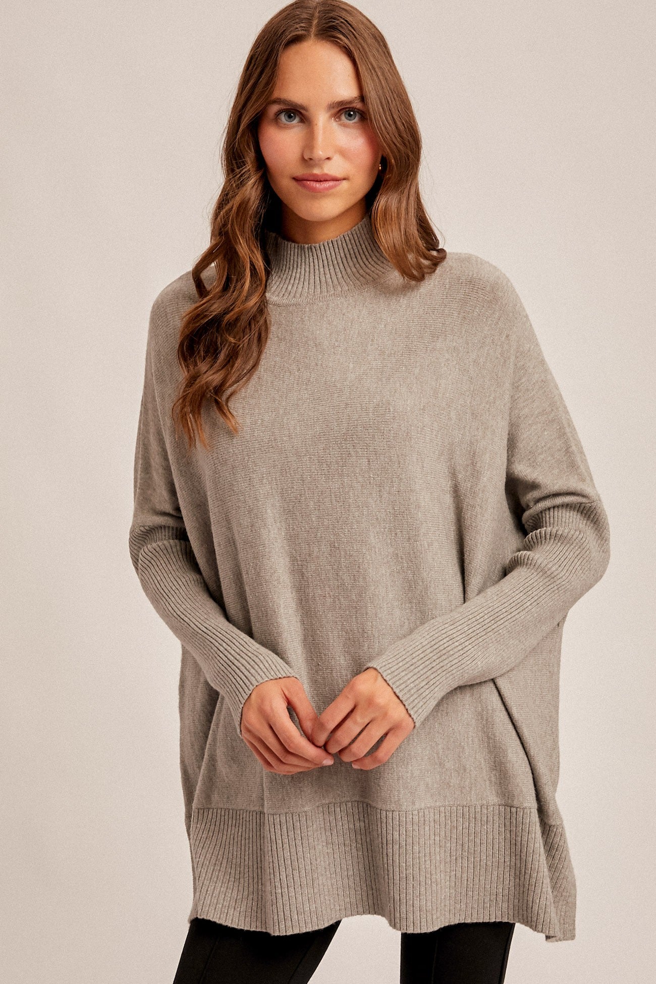 Grey Mock Neck Oversized Sir Slit Sweater Top